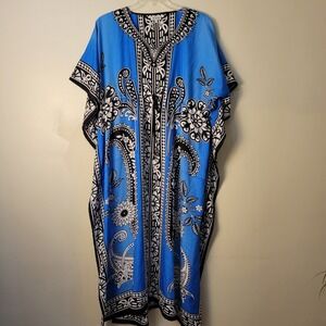 Jovie Blue Paisley Floral Kaftan Maxi Dress Drawstring Waist One Size Boho